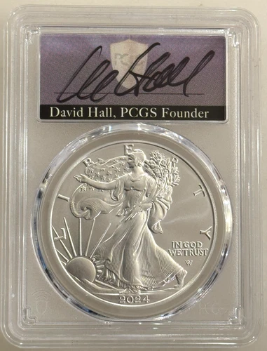 2024 $1 Silver Eagle PCGS MS70 First Day of Issue David Hall Signed