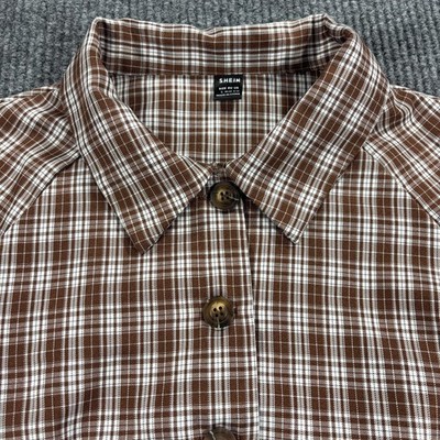 SHEIN Cropped Plaid Shirt Women Size L Brown Button Up Elastic Hem Raglan Sleeve