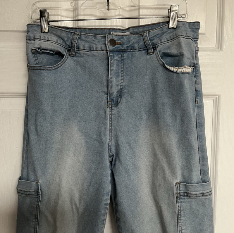 BLEU Cargo Blue Denim Flare High Rise Stretch Light Wash Jeans Size 12