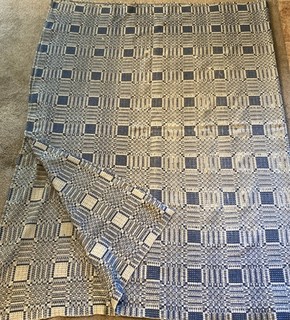 Antique Overshot Coverlet Blanket Indigo Jacquard 1800s Early 1900s 71” x 92”