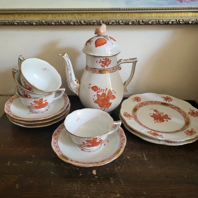 Herend Chinese Bouquet Rust Demitasse Coffee Pot Set Of 4Cup And Saucer 2 Plate
