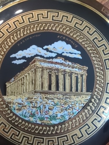 Portagioie tondo Colosseo greco dipinto a mano oro 24 carati con coperchio porcellana/ceramica - Foto 9 di 12