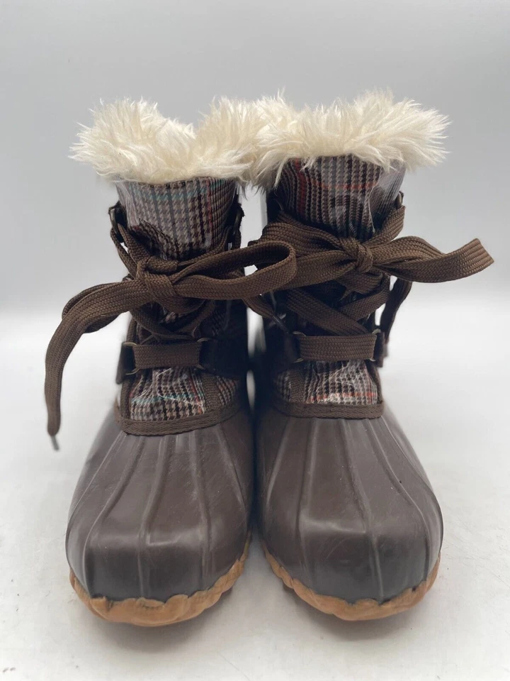 Sporto Steel Shank Rain Boot Women's Sz 8M Brown Checked Lace Up Fur Trim Lined - Image 2 of 4