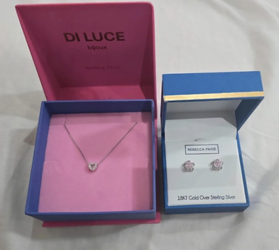 NEU Di Luce Bijoux Rosa Stein Herz Halskette & Rebecca Paige Blume Ohrringe Set