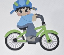 Green Bike Boy Black Hair. Scrapbook, Card Making Paper Piecing