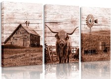 PLPKEYGR 3pcs Farmhouse Highland Cow Wall Art Vintage Highland Cow Wall Art B...