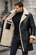 Men’s Black Shearling Leather Trench Coat Genuine Sheepskin Belted Winter Jacket