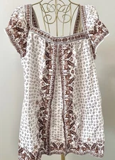 Max Studio Woven Peasant Boho Top Blouse Shirt Ivory Maroon Floral L Large NEW