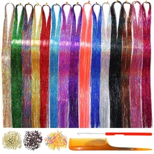 Fairy Hair Extensions Tinsel Strands 15 Colors 47 Inches for Kids and Parties