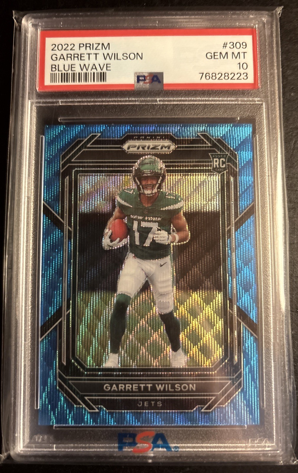 PSA 10 - 2022 Panini Prizm GARRETT WILSON Blue Wave Rookie RC /199 #309 NY JETS