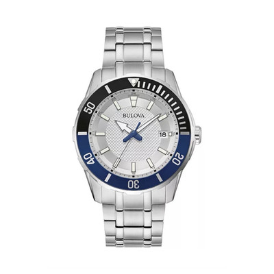 Bulova Men's Quartz Analog Silver/Blue Dial Date Rotating Bezel SS Bracelet