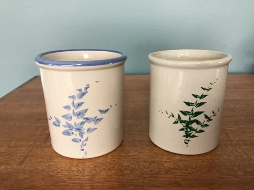(2) Red Wing Pottery 4" Small Crock-Blue & Green Floral (Ferns?) Herbs/Planters