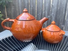 Early North Carolina Jugtown Ware Pottery Orange Glaze Teapot  Sugar Bowl