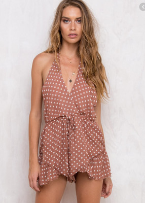 tan and white polka dot ruffle halter neck dress
