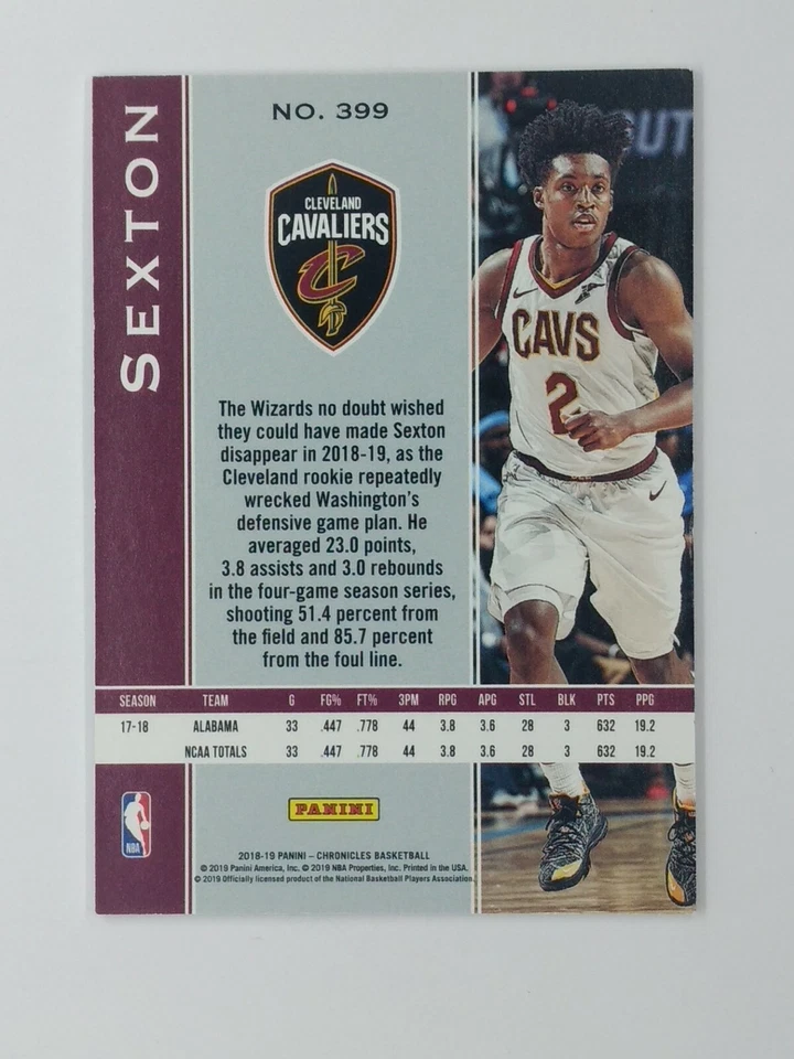 2018 Panini Plates & Patches Blue Collin Sexton Rookie RC #399, #'d/99 - Image 4 of 4