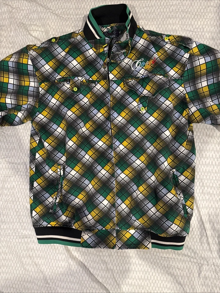 Coogi Men’s XL Bomber Jacket Green White Yellow Irish Plaid Retro Streetwear - Image 2 of 4