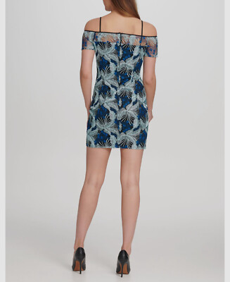 $118 Guess Women's Blue Floral Cold-Shoulder Embroidered Lace Sheath Dress  Sz 0 | eBay