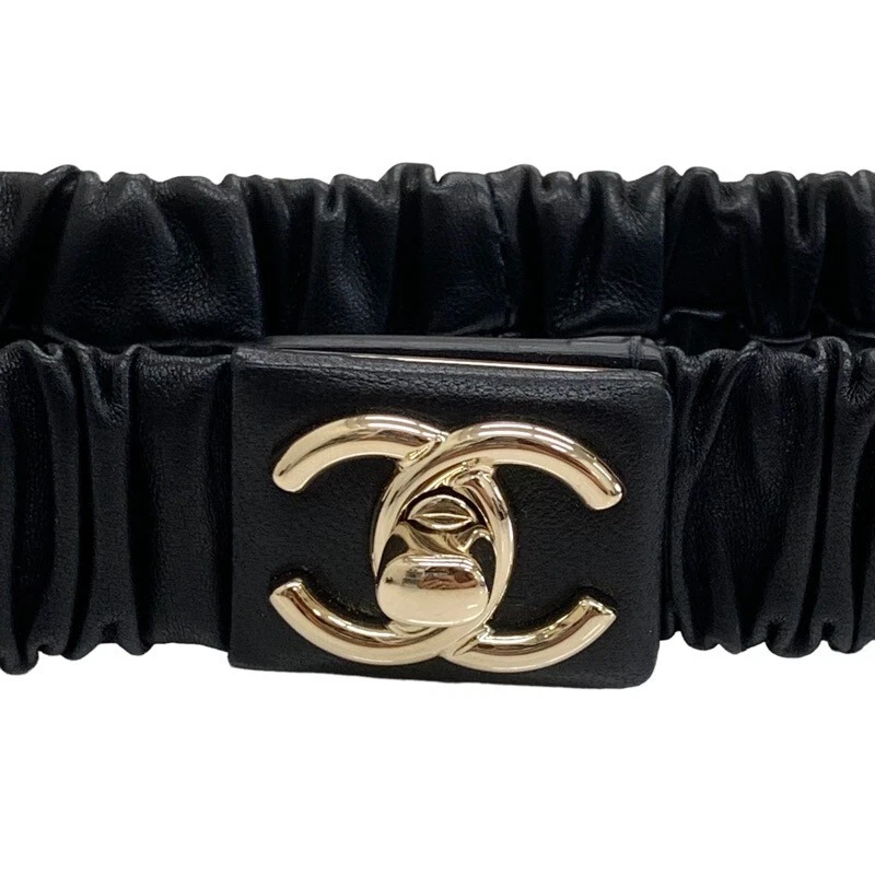 AUTH CHANEL LEATHER BELT TURN LOCK COCO MARK BLACK GOLD 80/32 L 77CM W 3CM  F/S