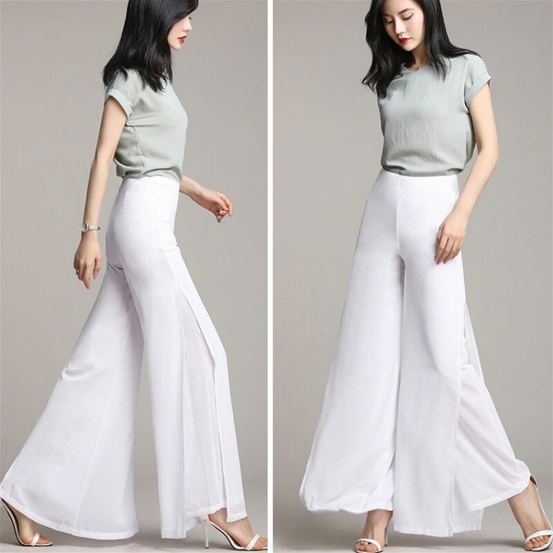 Dama Cintura Alta Pierna Recta Suelto Gasa Acampanados Pantalones Pierna Ancha Dividida Pantalones Foto 2 de 4