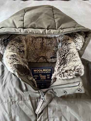Woolrich Rabbit Fur Lined Down Filled Olive Boulder Coat Ramar Cloth Sz S EUC - Picture 2 of 10
