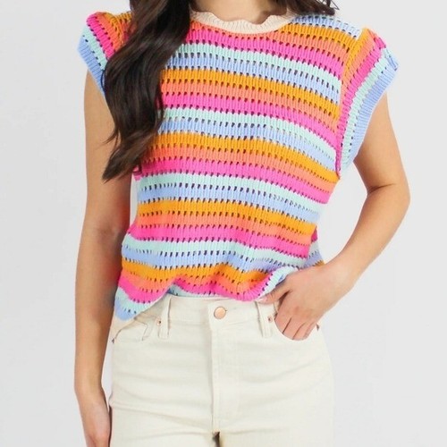 THML | Pink Orange Blue Ivory Stripe Knit Sweater Vest, size medium - Picture 6 of 6