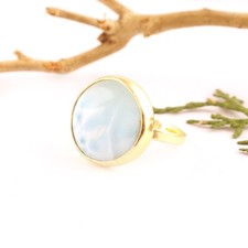 Natural Larimar Statement Ring Yellow Gold Plated Collet Setting Adjustable Ring