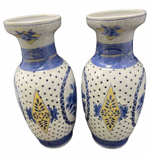 Pair Of 10” Porcelain Vases Blue, white Yellow Rose Design, Hand Painted - Picture 2 of 12