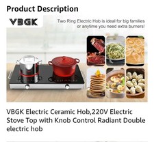 VBGK 2 Ring Electric Hob with Handle, 3520W Ceramic Hob 2 Zone, Double Electric