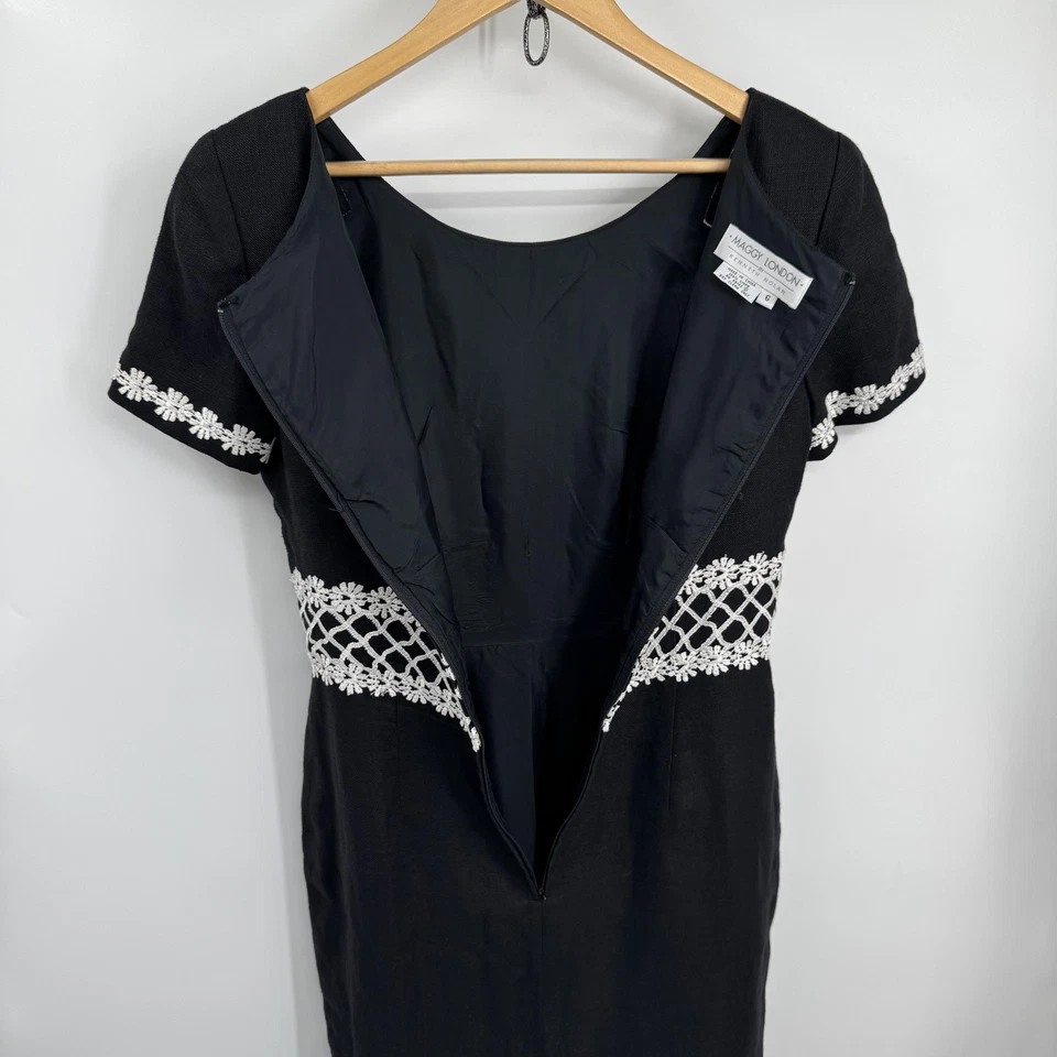 Vestido De Colección Maggy London Para Mujer 6 Negro Lino Crochet Encaje Cintura Midi Funda Forrada Foto 4 de 4