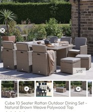 Cube 10 Seater Rattan Outdoor Dining Set, Natural Brown Weave Plywood Top. New