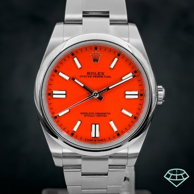 Rolex Oyster Perpetua1 124300 OP 41mm Coral Red Dial Complete Set Box & Papers