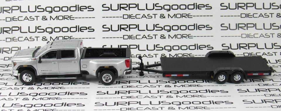 Greenlight 1:64 Silver 2022 GMC SIERRA 3500 SLT Dually Pickup w/Open Car Trailer - Image 2 of 4
