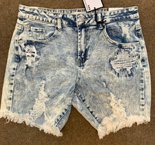 Almost Famous Shorts Womens 9/33 Mid Rise Bermuda Cut-Off Distressed Acid Denim