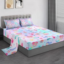 Full Size Bed Sheet Sets, Cute Mermaid Princess 4 Pcs Bedding Sets for Kids a...