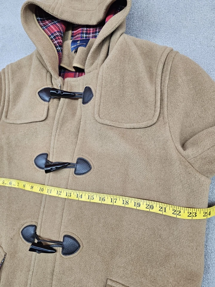 Brooks Brothers Mens Wool  Plaid Lining Duffle Coat L Beige Hoodie horn toggle  - Image 3 of 4