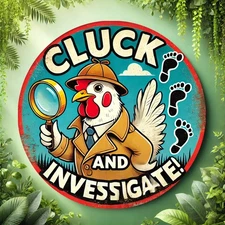 2D Flat, 2D Flat 8-Inch Round Aluminum Wall Sign - Humorous Detective Chicken wi