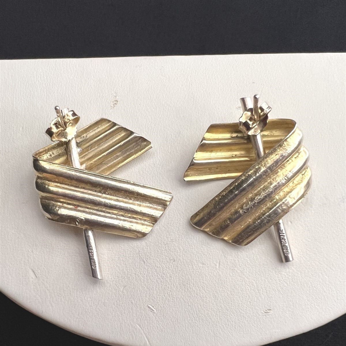 Modern Abstract Solid Folded Bar Gold Plated Ster… - image 7