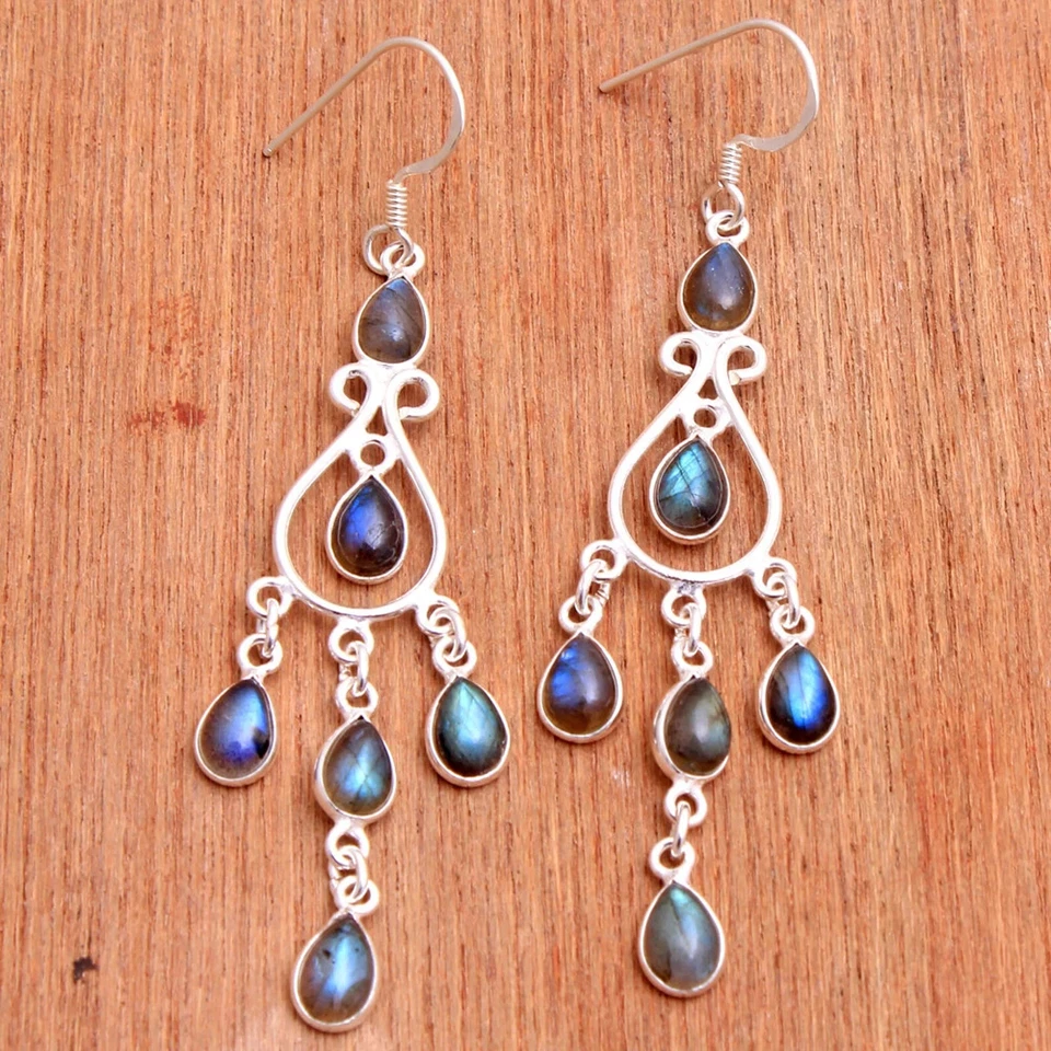 Pendientes colgantes de lágrima de plata con piedras preciosas de labradorita para mujer Foto 4 de 4