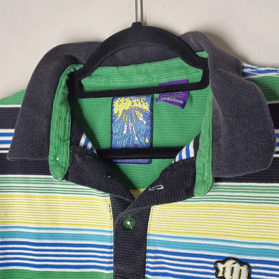 Camisa Polo Meca Para Hombre XL Verde Amarillo Rayas Algodón Hip Hop De Colección Años 2000 Foto 2 de 4