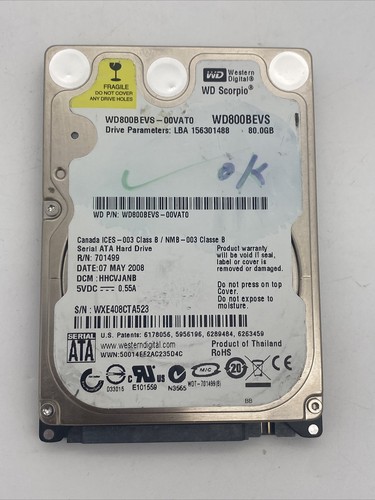 Western Digital Scorpio 80 GB intern 2,5" SATA-Festplatte WD800BEVS Laptop