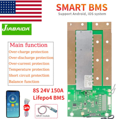 BMS 8S 24V 150A Lifepo4 Battery Common Port w/ Balance + Bluetooth Module NTC US