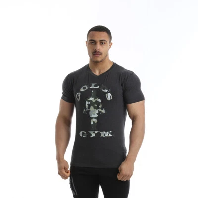 Golds Gym Camo Joe Printed T-Shirt Charcoal Marl Bodybuilding Muscle Shirt Gym