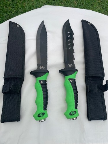 2 TAC XTREME Fixed 12" Black Blade Knife w/Sheaths Green and Black Handle - Picture 3 of 9