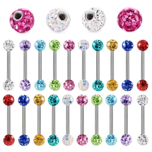 2X 14G Epoxy Multi Crystal Nipple Ring Steel Bar Barbell Tongue Piercing 16-22mm - Picture 2 of 16