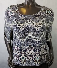 ABOUT A GIRL SHEER TOP SIZE LARGE 3/4 SLEEVES PULLOVER MULTI COLOR FLORAL PRINT 