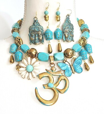 Om Sign Turquoise Gemstone Handmade Necklace 3 x Earrings One of a Kind