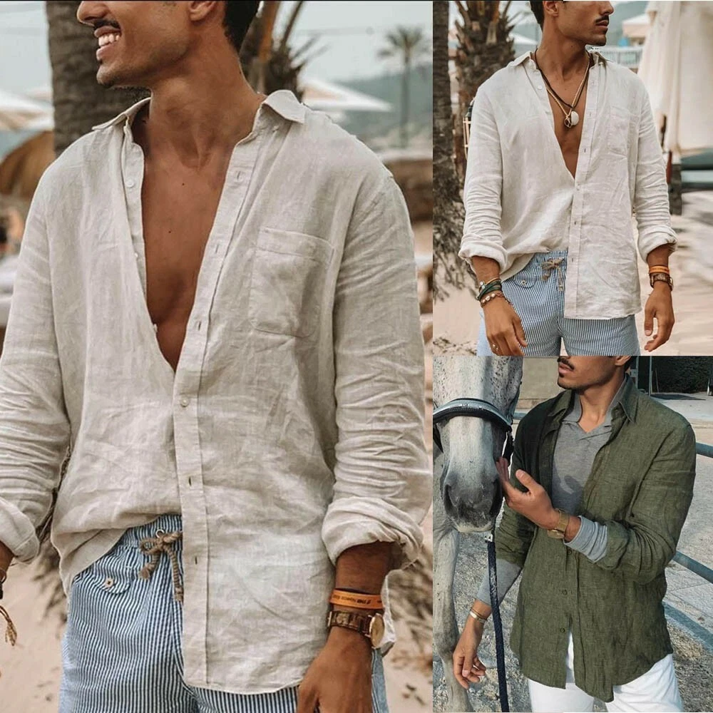 Casual Men Cotton Linen Shirt Long Sleeve Loose Blouse Button Down  Shirts-Tops