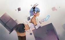 Anime girls blue hair short headphones skirt tattoo Playmat Game Mat Desk