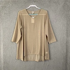 Logo Lori Goldstein Top Women 1X Beige 3/4 Tunic Hi Low Hem Sheer Mesh Pointelle