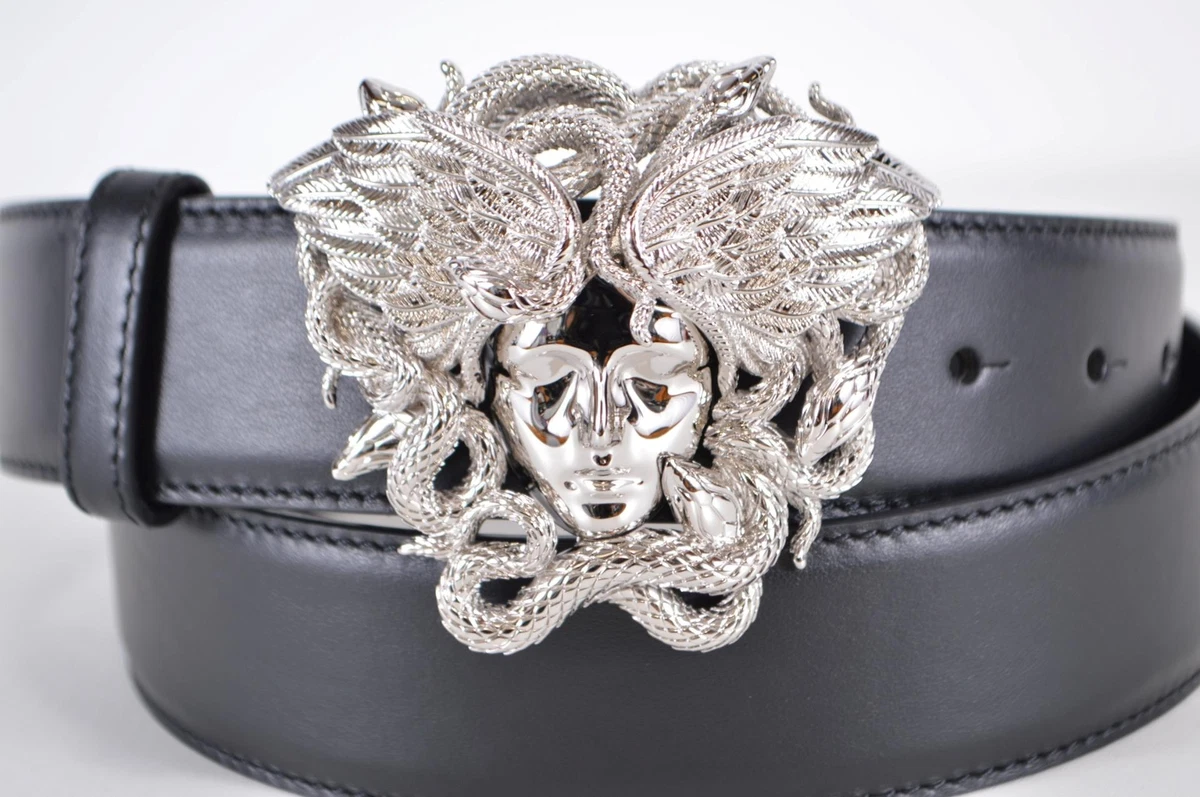 NEW Versace Women's Black Leather Large Silver Tone MEDUSA Buckle Belt 32 80